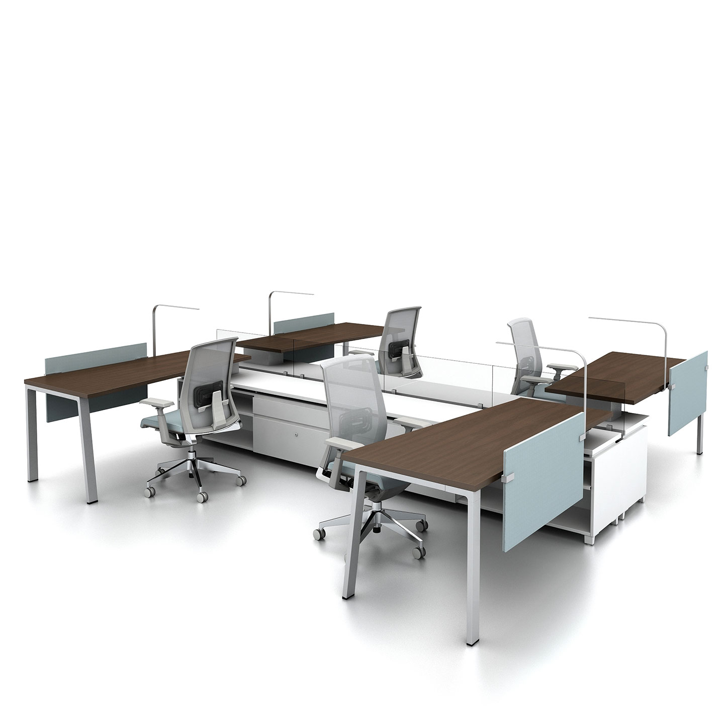 Haworth Belong Screen in light blue on office desks with dividers