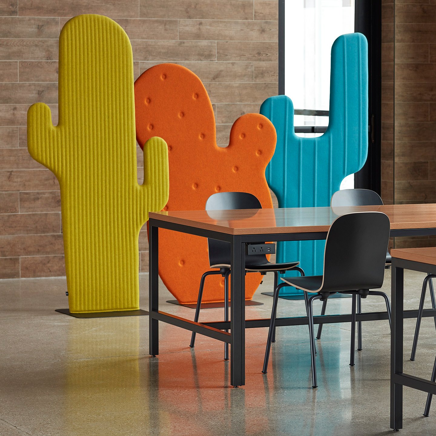 Haworth Buzzicactus screen in yellow, orange, and blue color in office space