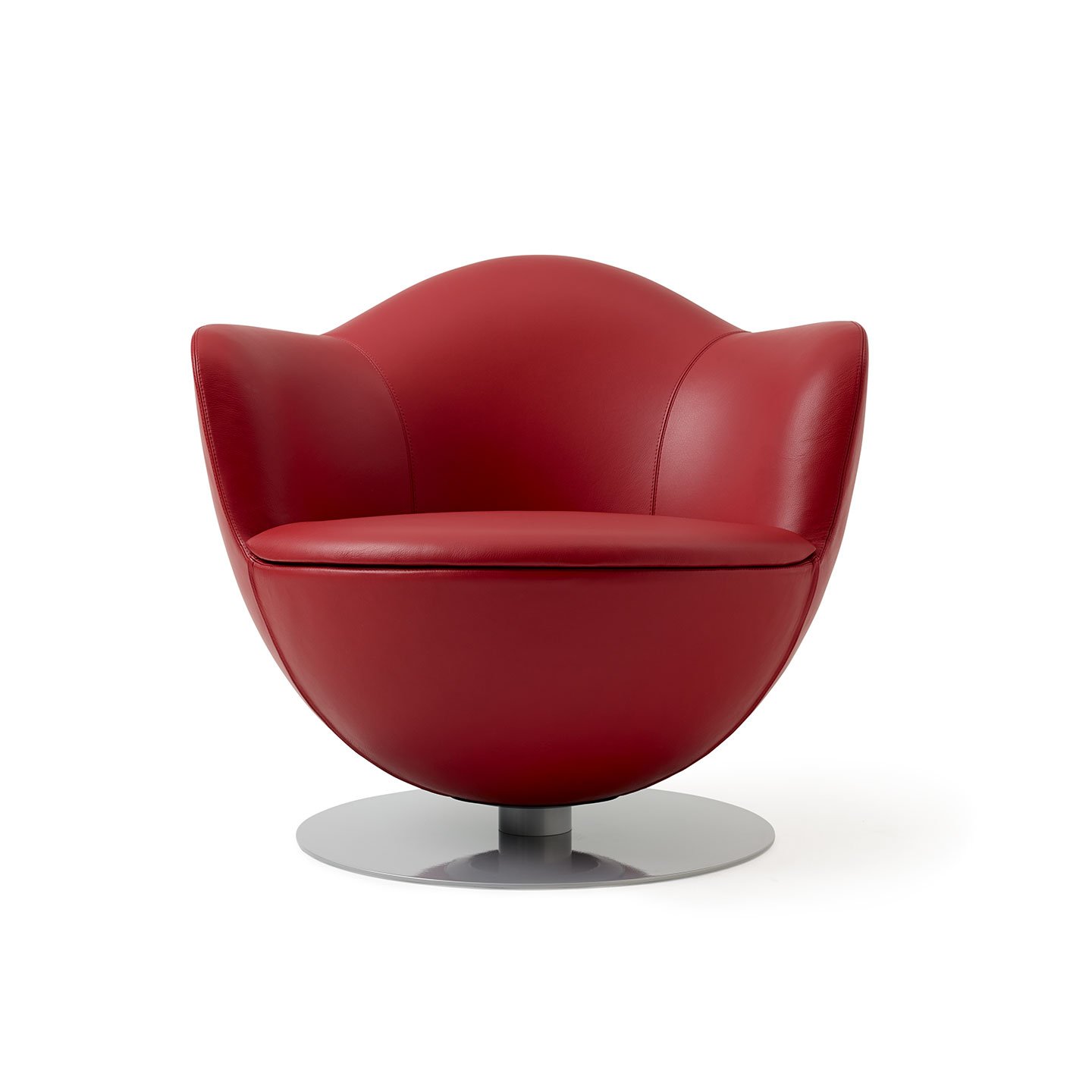 Haworth Dalia lounge chair in red leather, round metal base front view