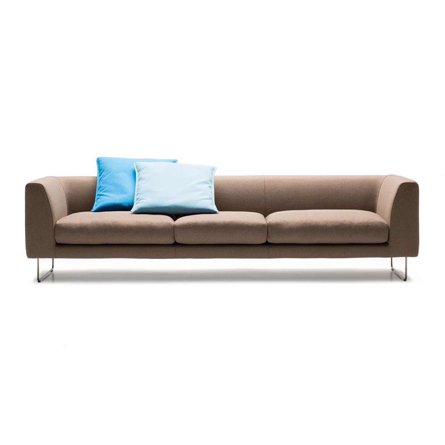 Haworth Elan three seater sofa in brown upholstery with blue cushions