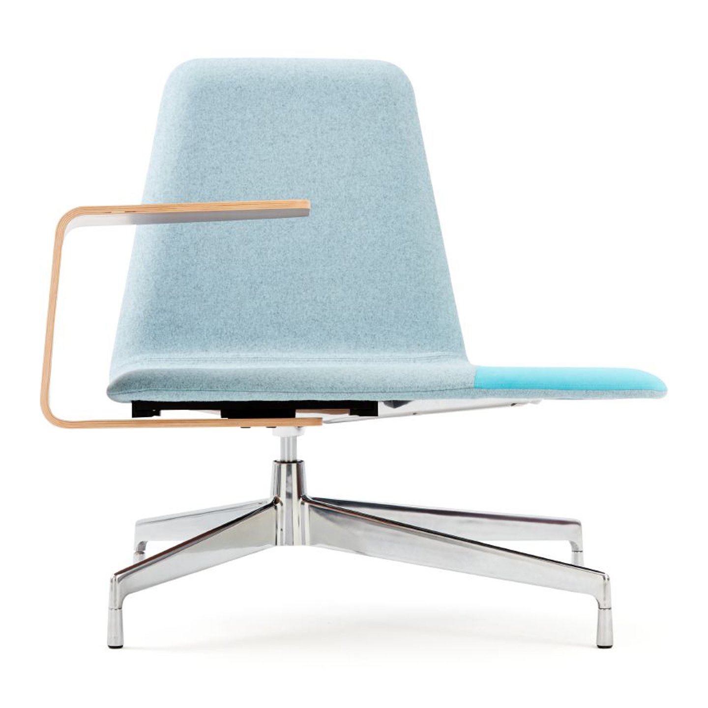 Haworth Harbor work lounge chair in blue with metal legs and attached wooden study support