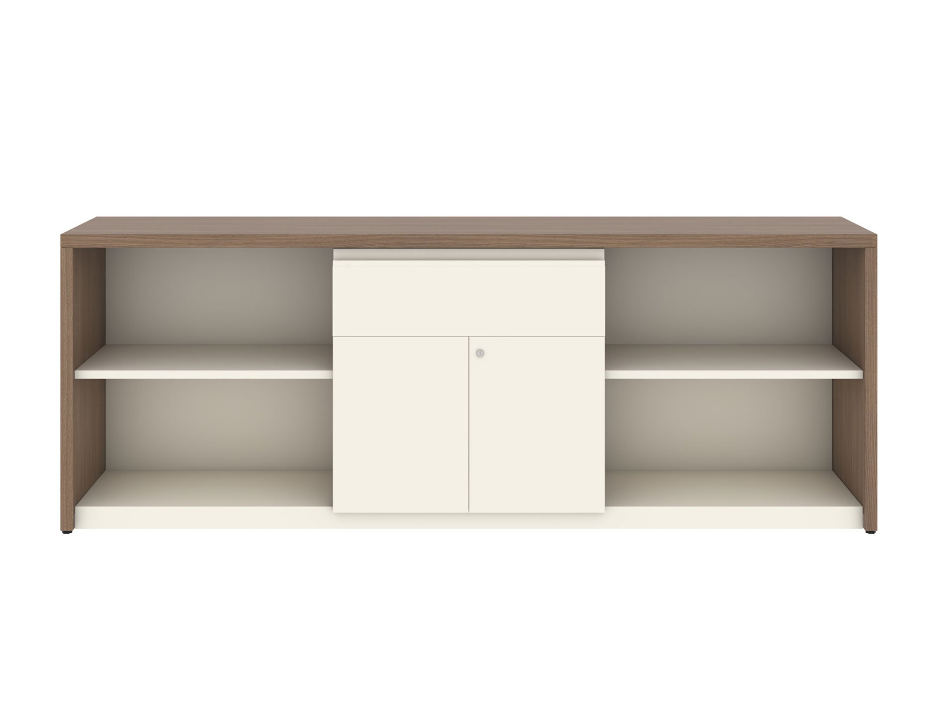 A Series credenza with open shelves and white cabinet doors