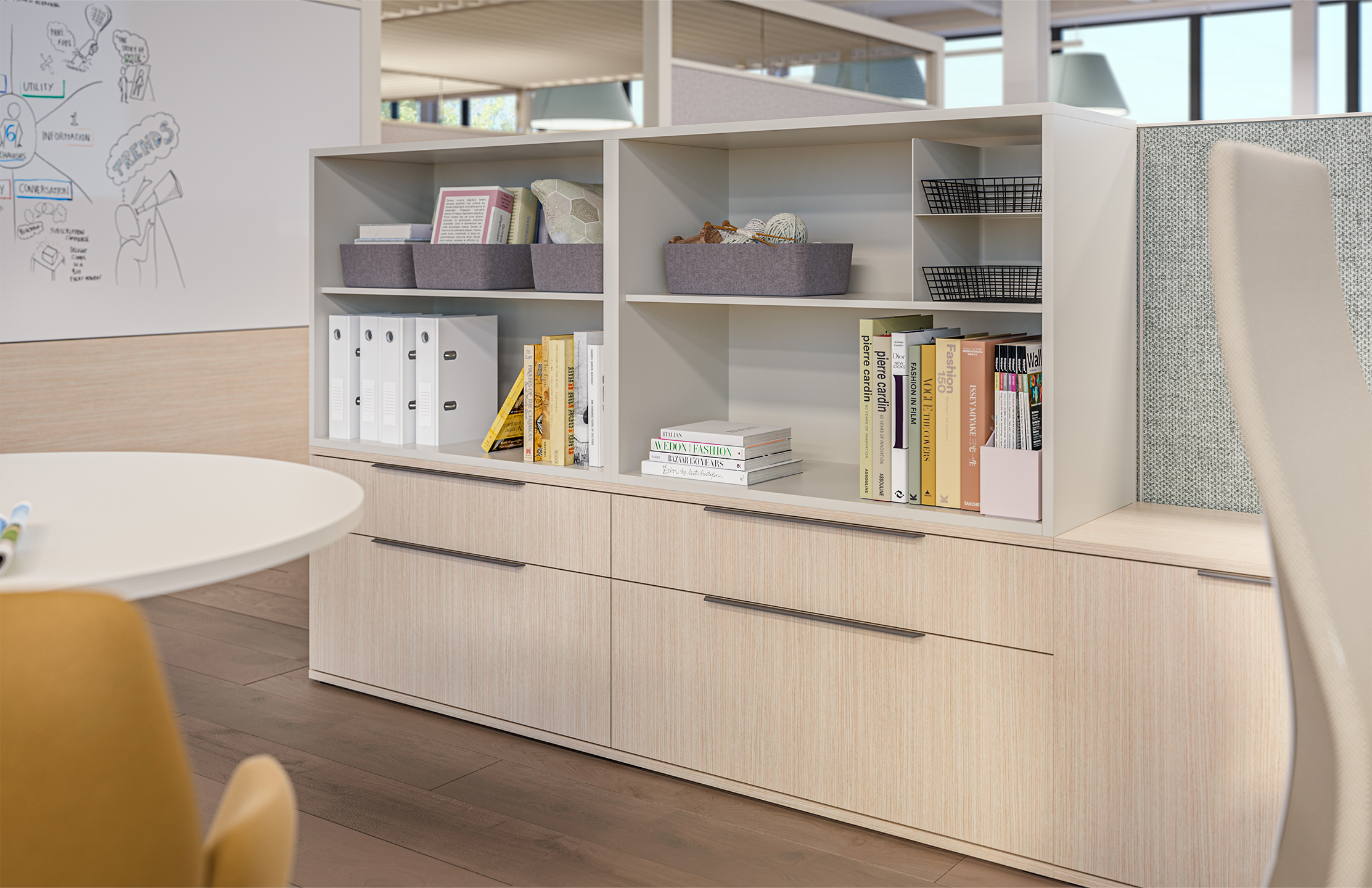 Be_Hold Be lateral files and stacking bookcases in light woodgrain finish