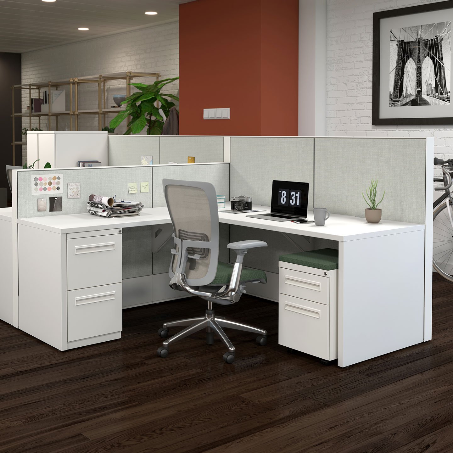 V Series storage drawers and pedestal  in white at individual workspace with Zody chair.