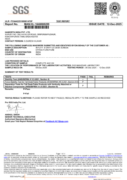 Drift 25 Test Report - BIFMA (India) - Hung Screen with Intuity II ...