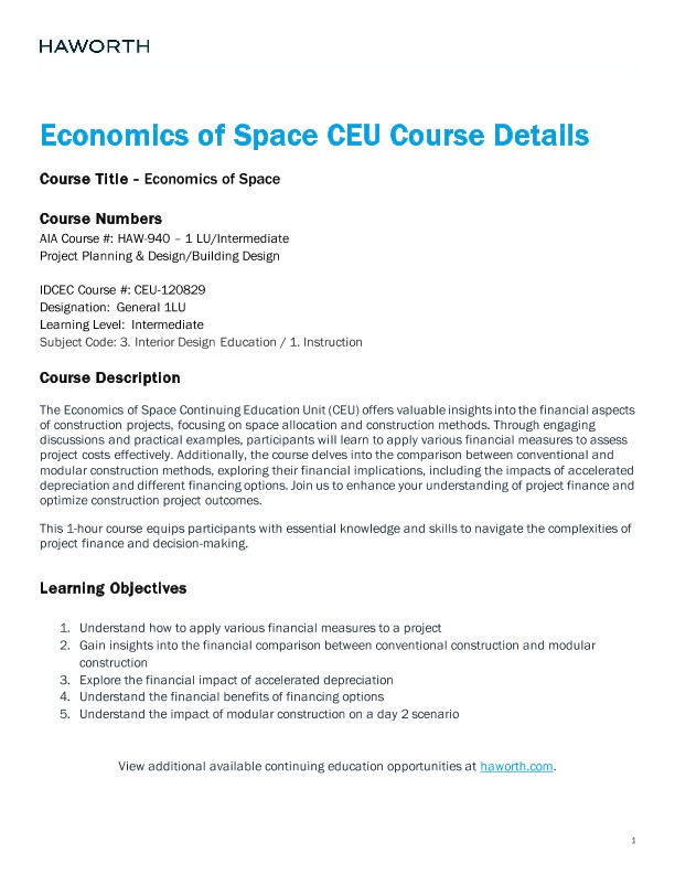 Economics of Space CEU Course Description | Details Page | Haworth