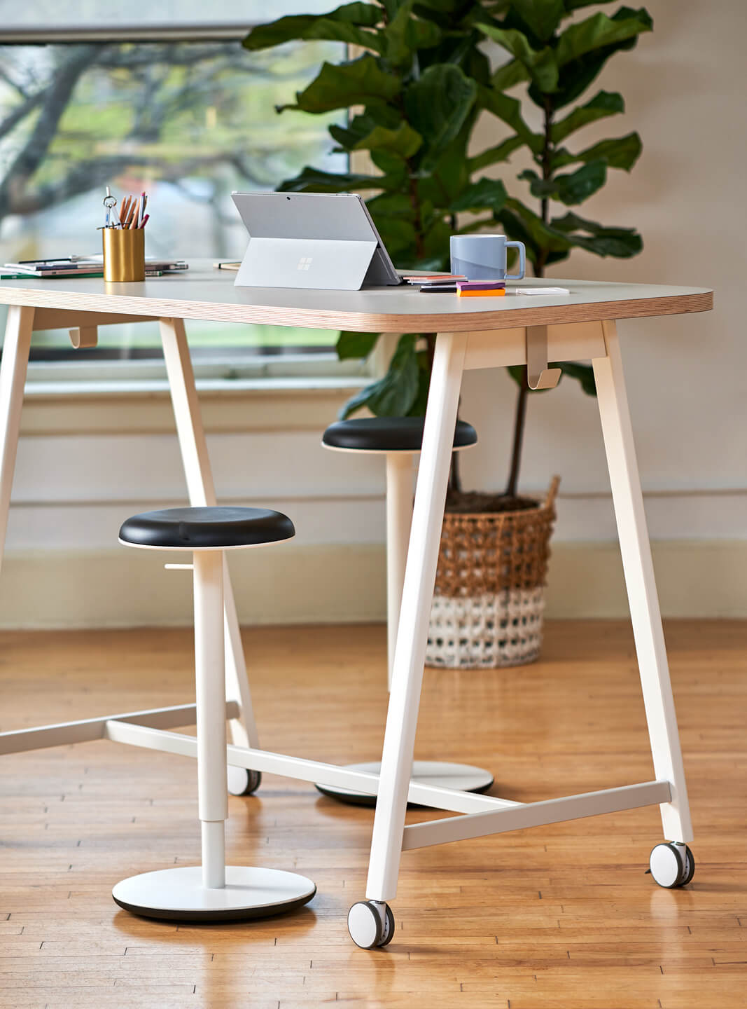 Haworth Design Studio Designer tall moveable table with stools