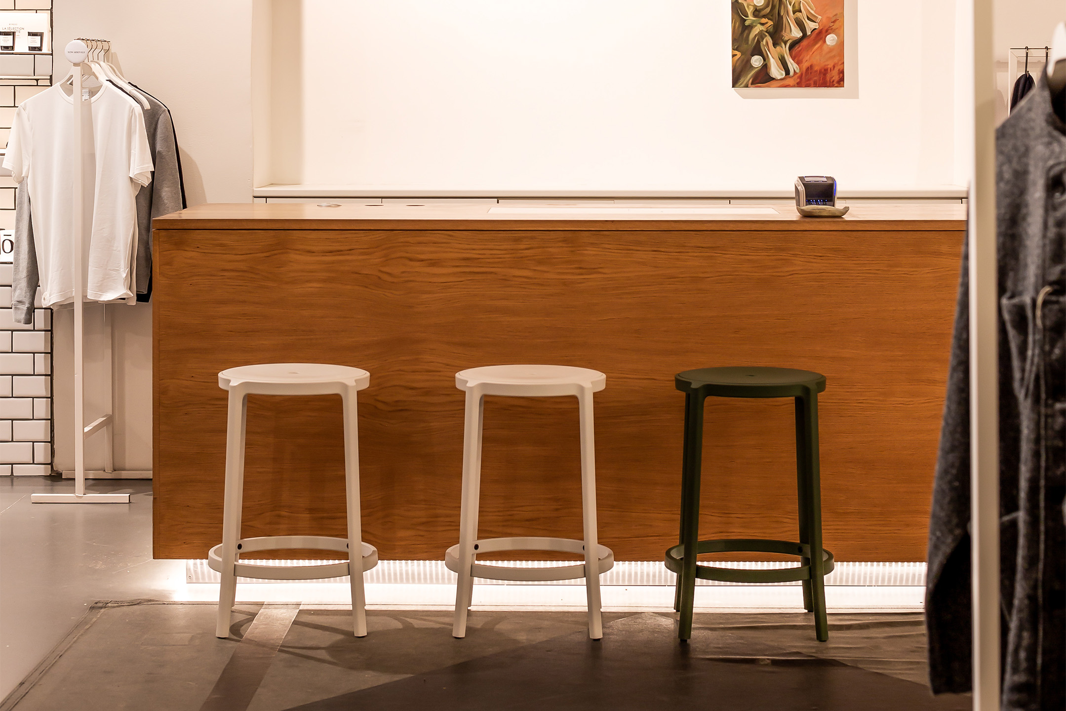 Haworth Emeco chair stools in a casual space