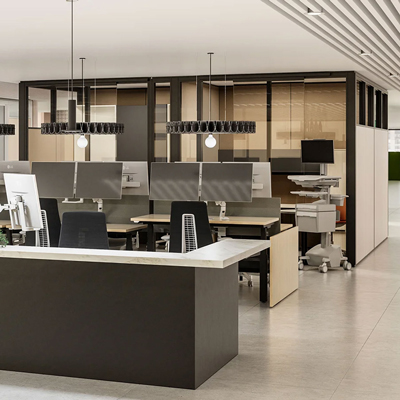 Haworth fern chairs in black in a reception area