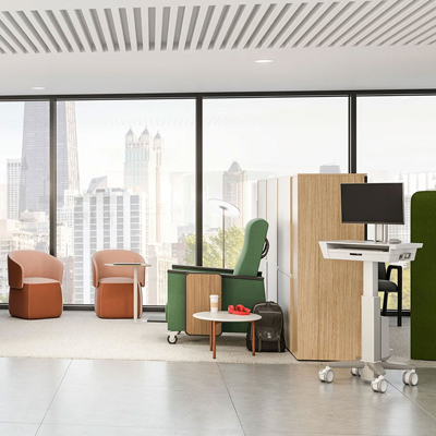 Haworth Benson recliner in green upholstery in a treatment space