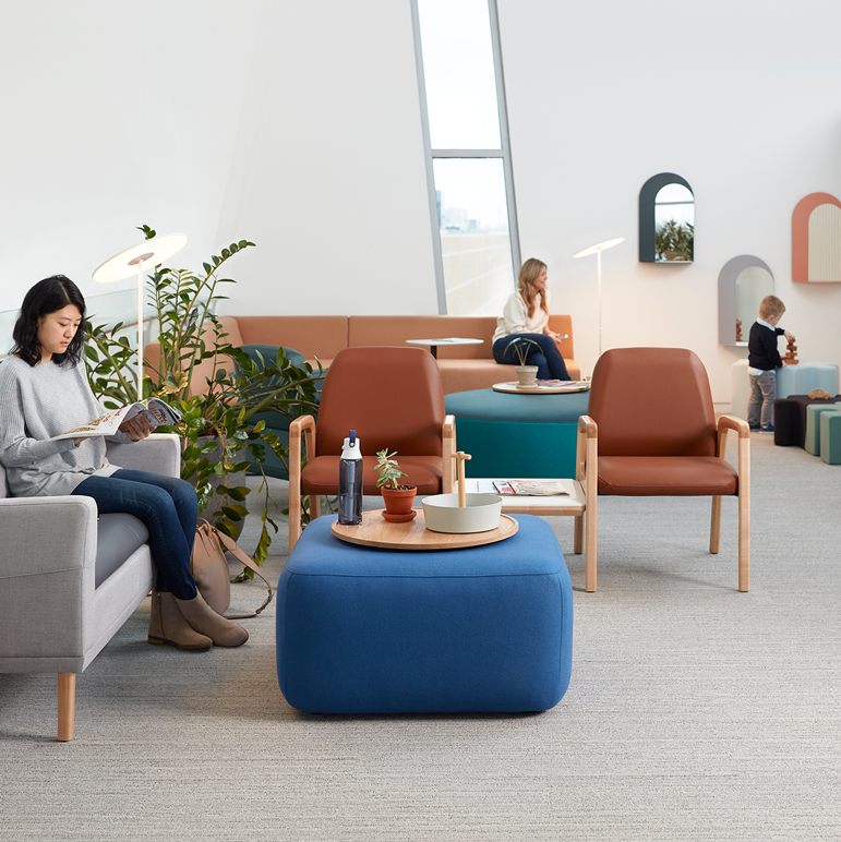 Haworth Atwell chairs, Openest chick pouf in a hospital waiting area
