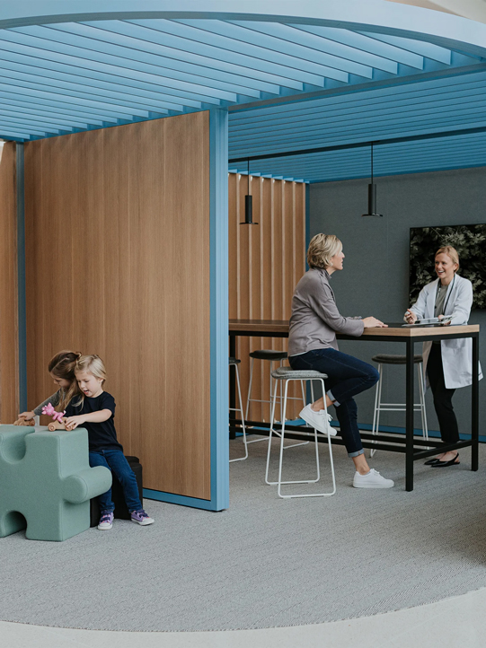 Haworth Hi Pad stools, Planes table in a blue Pergola workspace