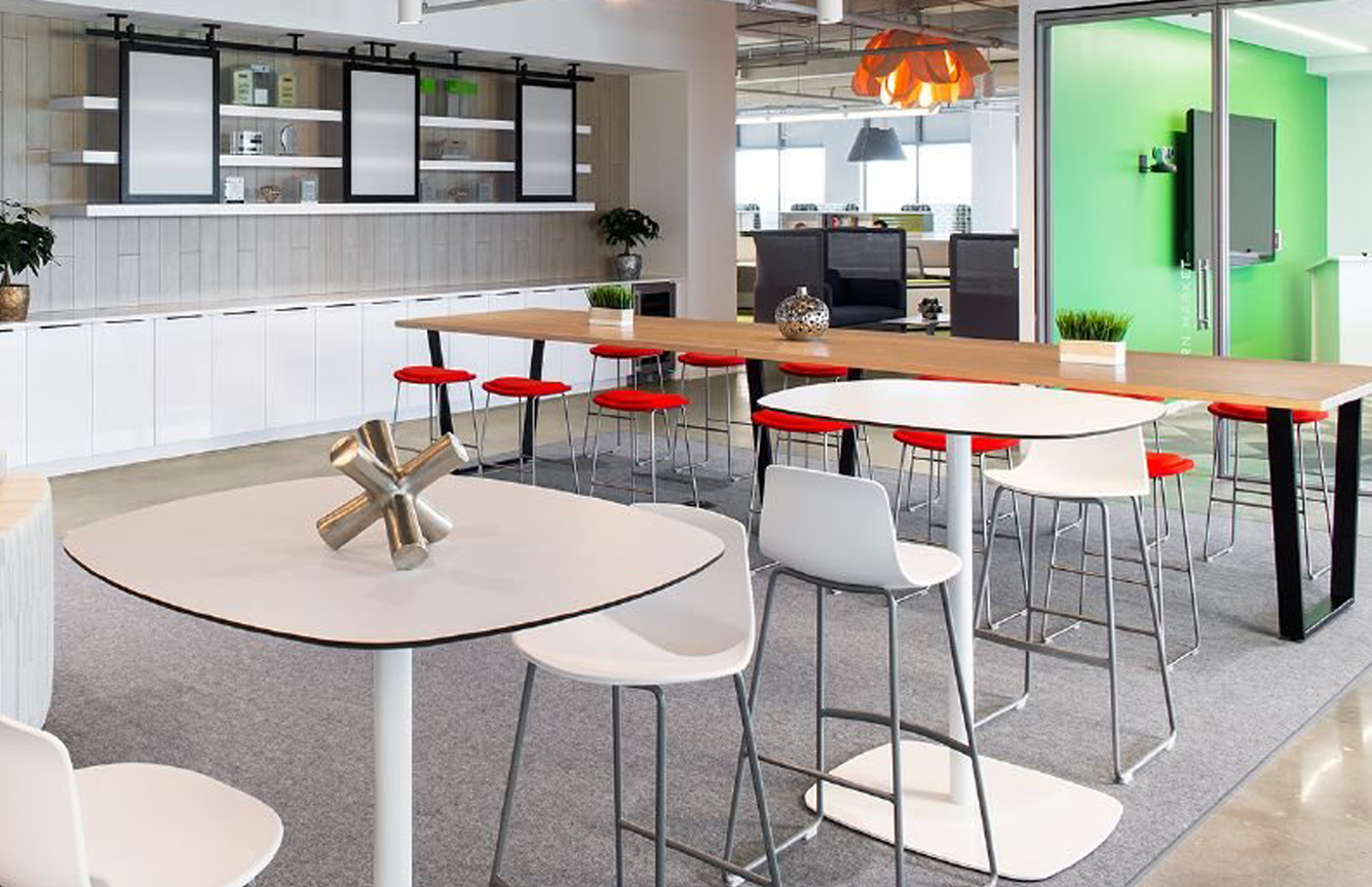 Haworth Hi Pad stool and Pip Table in a cafeteria space