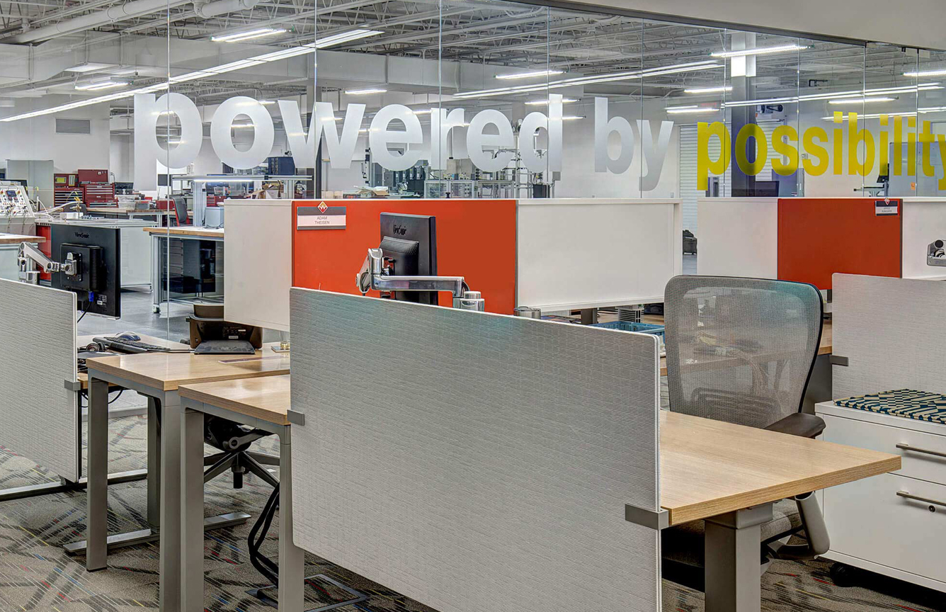 Haworth Zody chair and Intuity table in a office space 