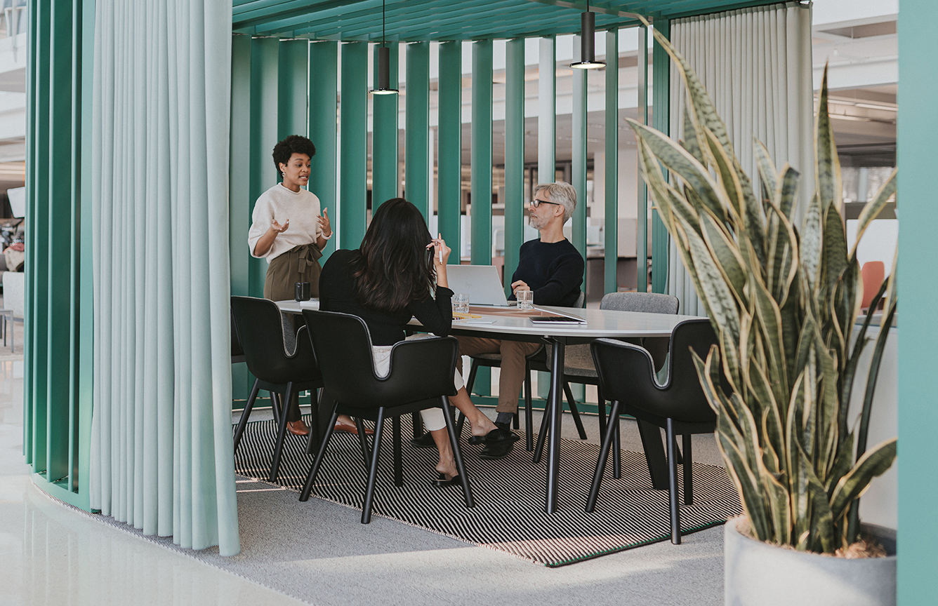 Haworth Julie chairs in black color inside a Pergola workspace