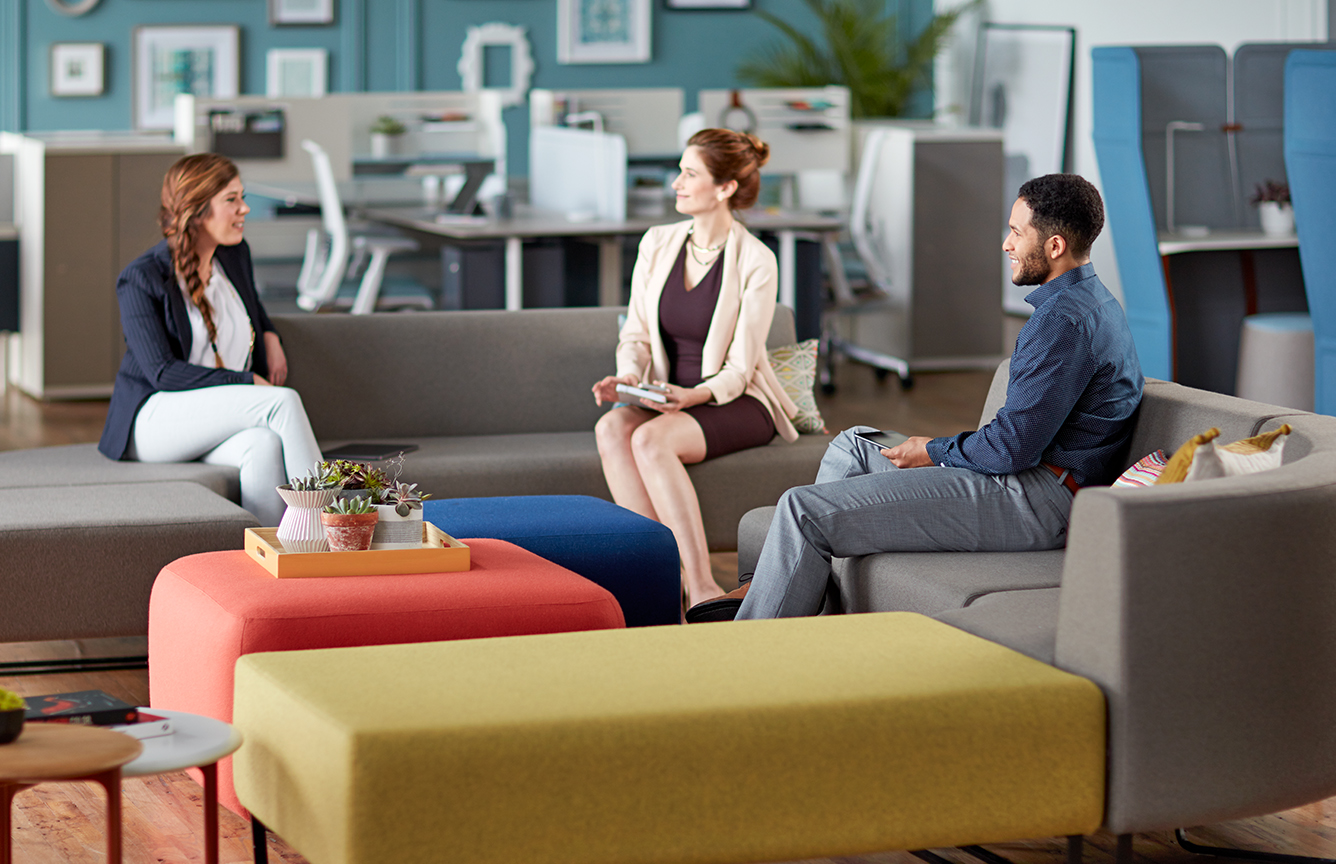 lounge space with a group collaborating 