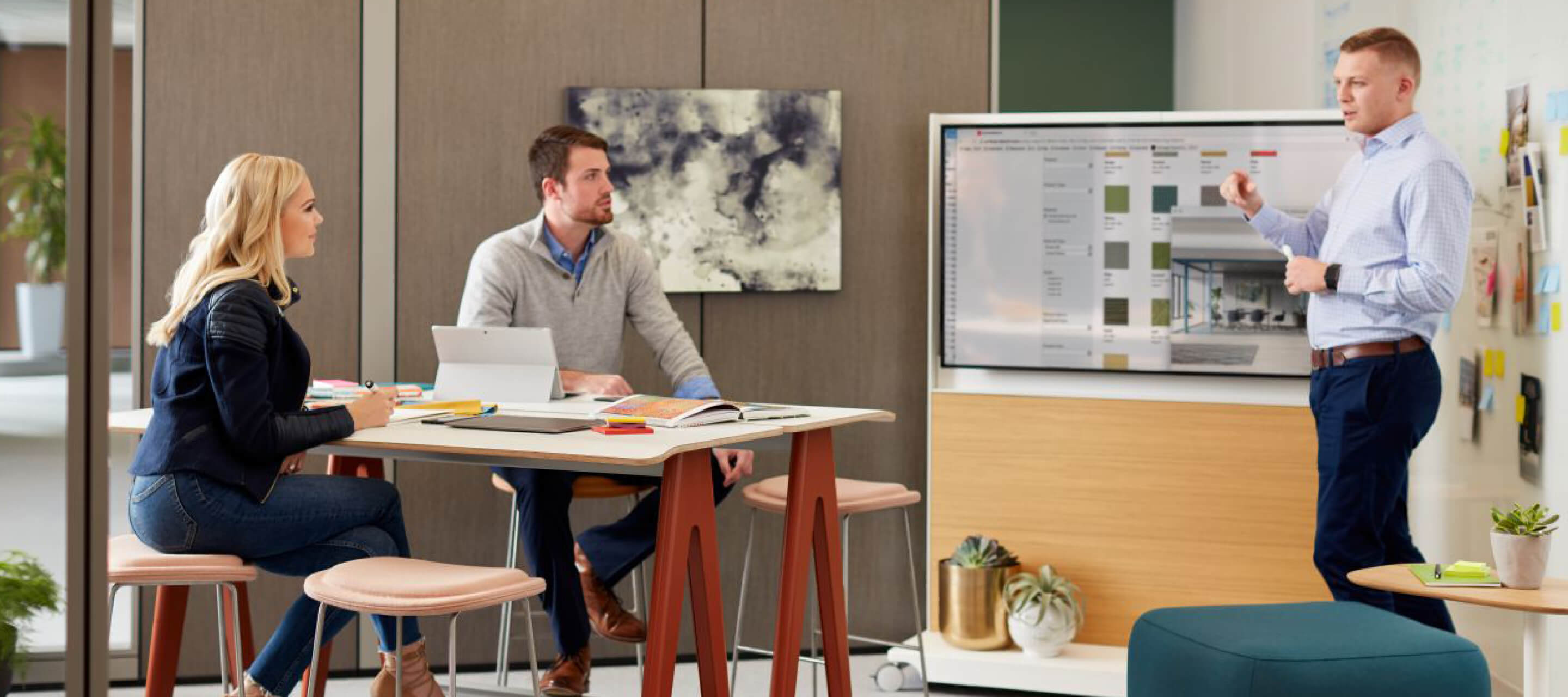 Collaborative work space featuring Immerse tables and hi pad stools.