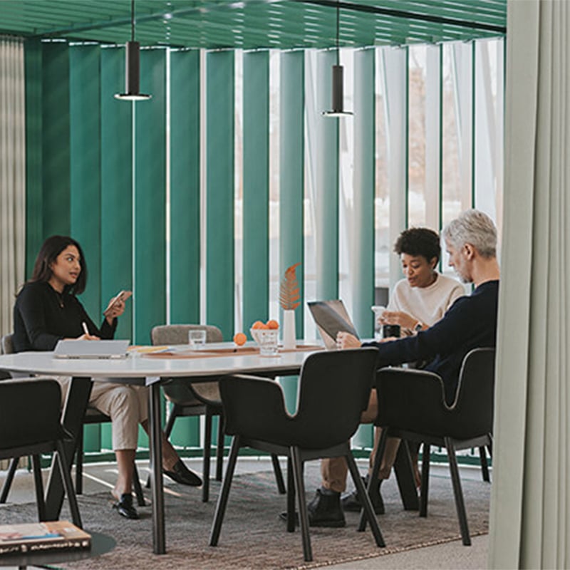 Haworth Pergola workspace housing Julie chairs and Planes table view 2