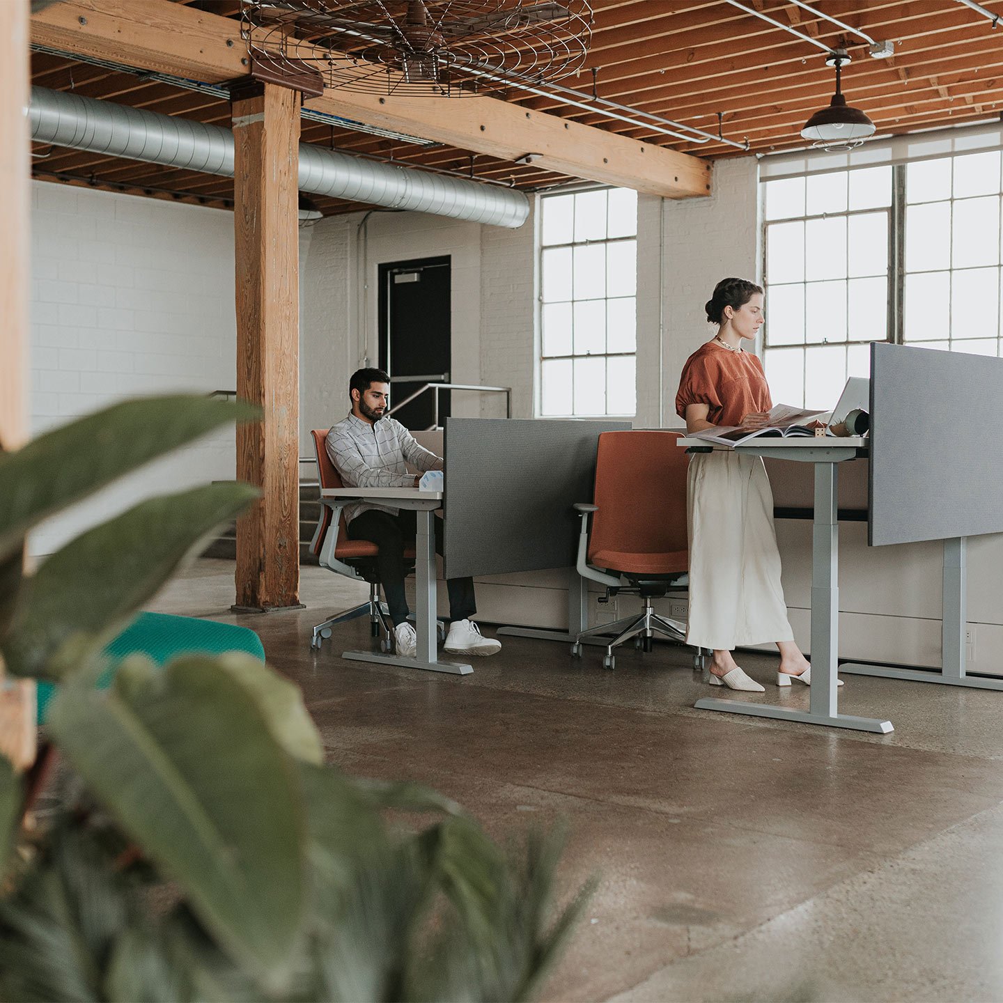 Haworth Soji Task chair in rusty brown color and Upside height adjustable tables in an office