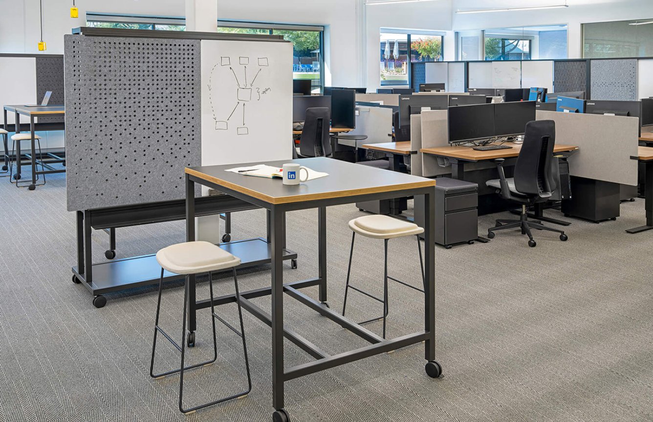 Haworth Hi Pad stools in white upholstery in an office space