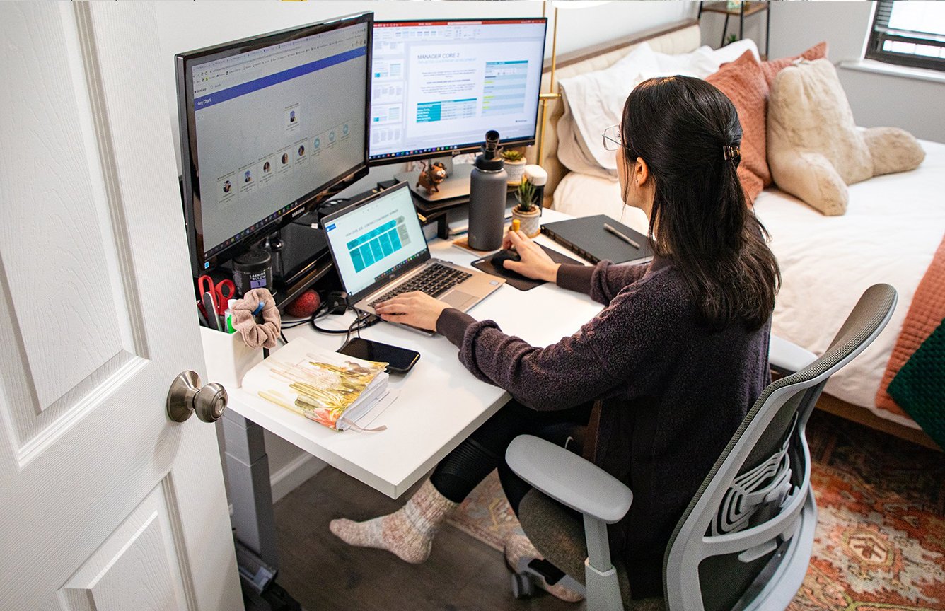 Hawoth Zody chair and Upside Height Adjustable table in a work from home scenario