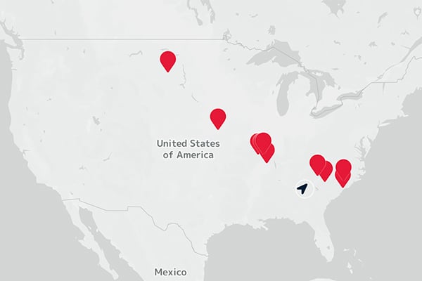 Haworth Dealer Locations on a USA map