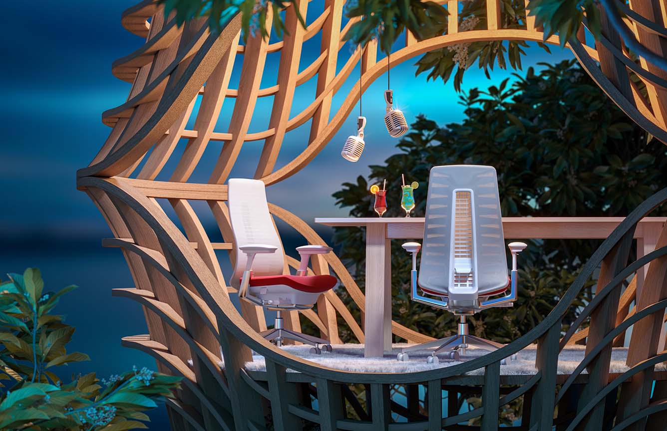 Fern Chair by BuzziPicNic table under a pergola in a outdoor tropical location./
