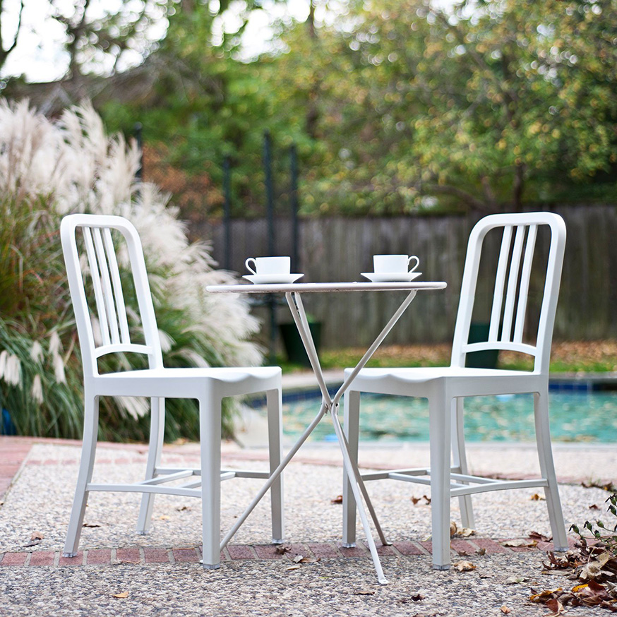 Haworth 111 Navy outdoor chair in an outdoor space view 1
