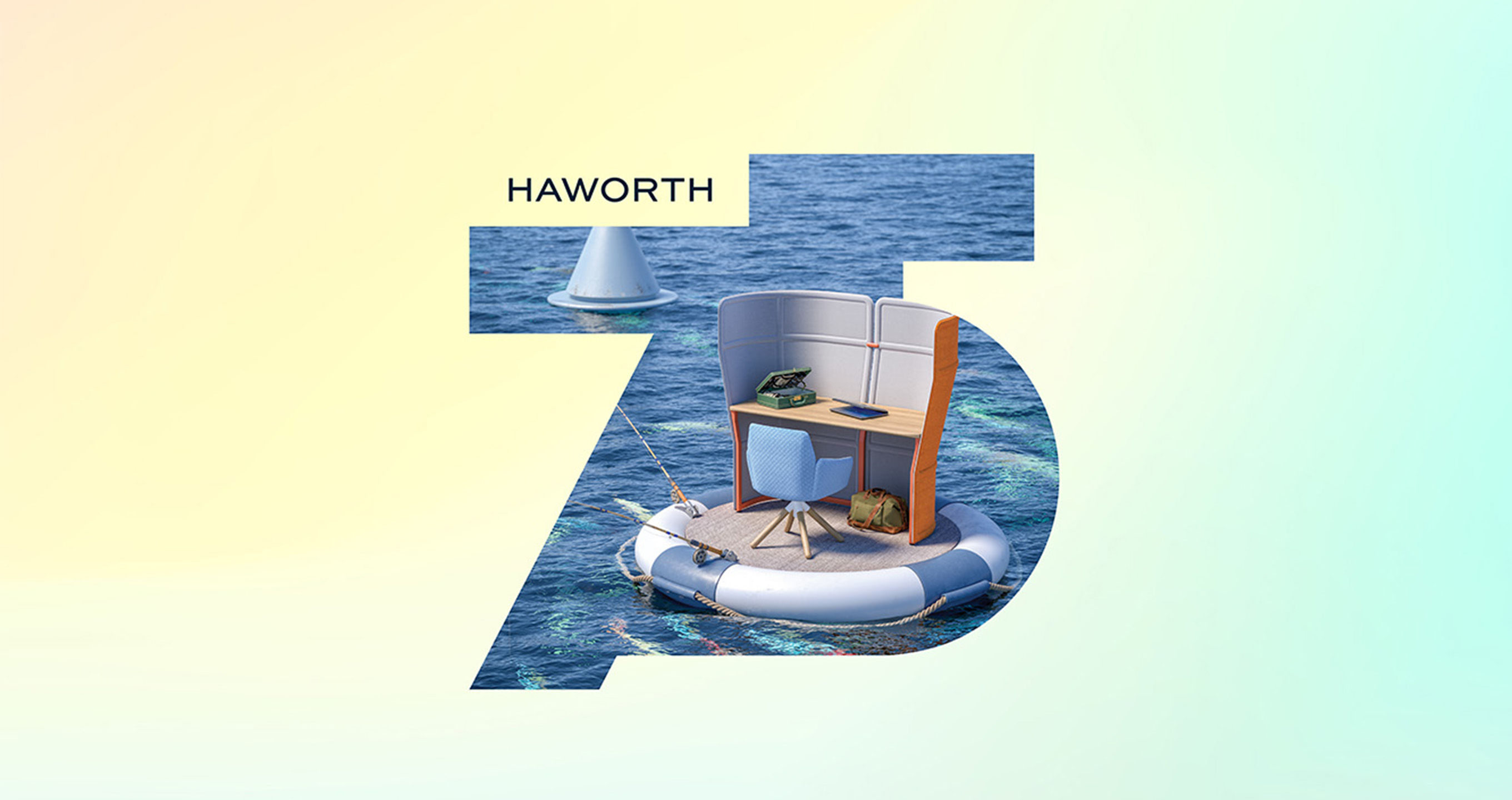 Haworth 75th anniversary logo featuring poppy chair