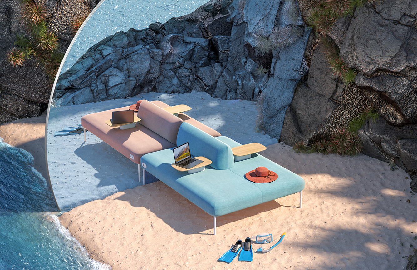Haworth Cabana lounge in blue and brown upholstery in a picturesque location
