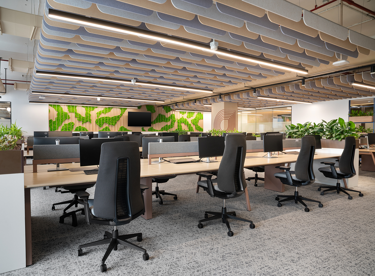 Open workstations support focus while maintaining visual connection across the workplace.