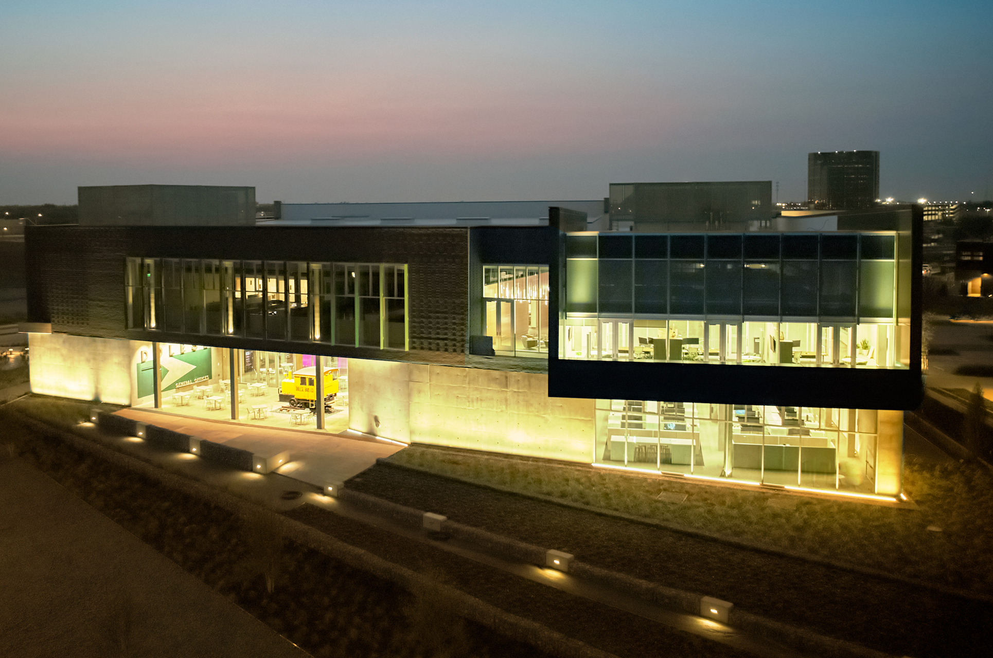 Dolese exterior elevation lit up in the night