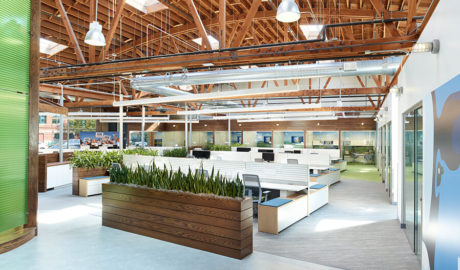 Open workstations were designed to increase the collaboration and creativity necessary to foster innovation—supporting the integrated culture at Fairlife. Grand floor-to-ceiling windows offer plenty of natural daylight and provide transparency between departments while also enhancing employee well-being and performance. Nestled under a ceiling of exposed wood beams, industrial metals, and skylights, the open office is earthy, clean, and comfortable. 