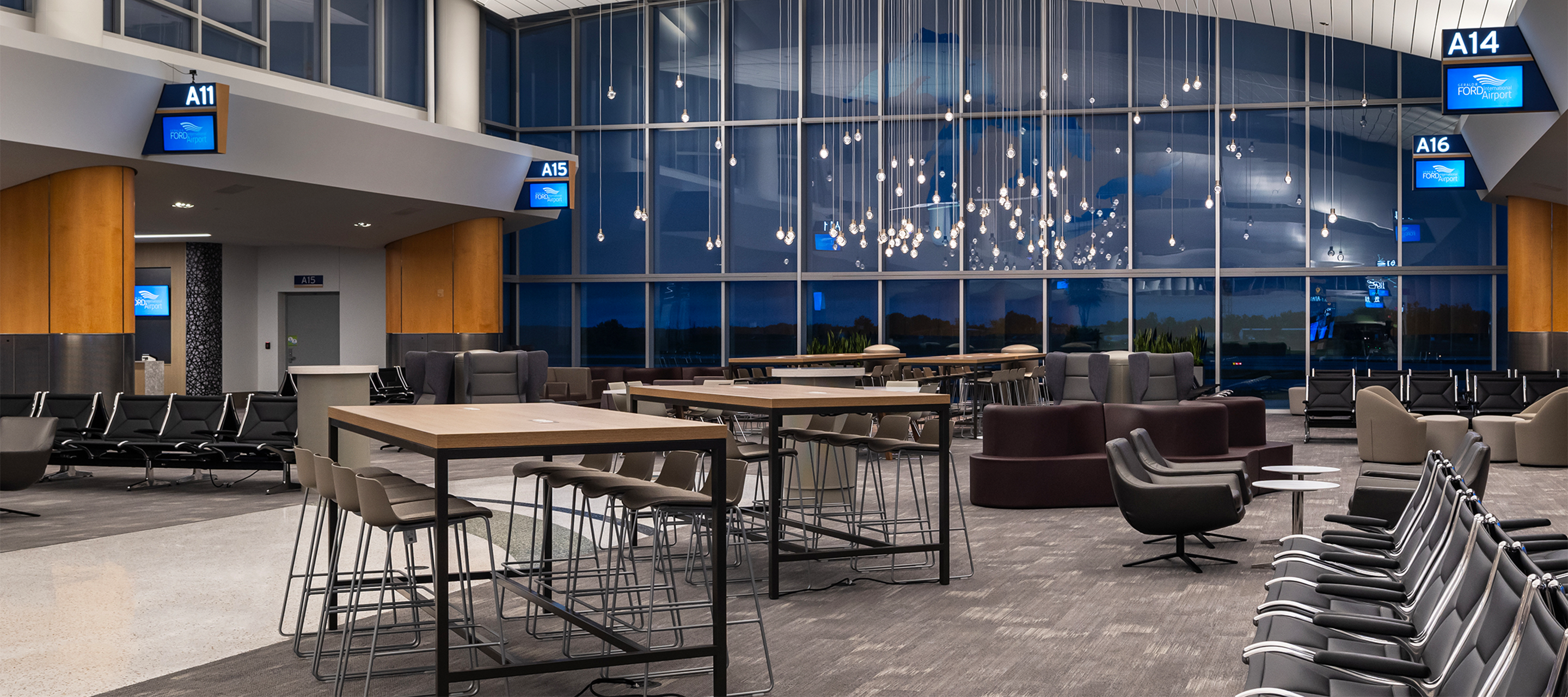Maari Stools and Cultivate Table at Gerald R Ford International Airport.