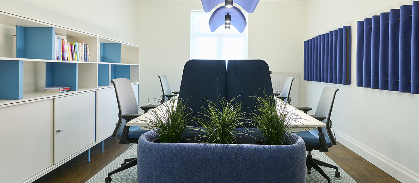 Each room in the new offices has a unique theme colour representing the diverse topics discussed within. 