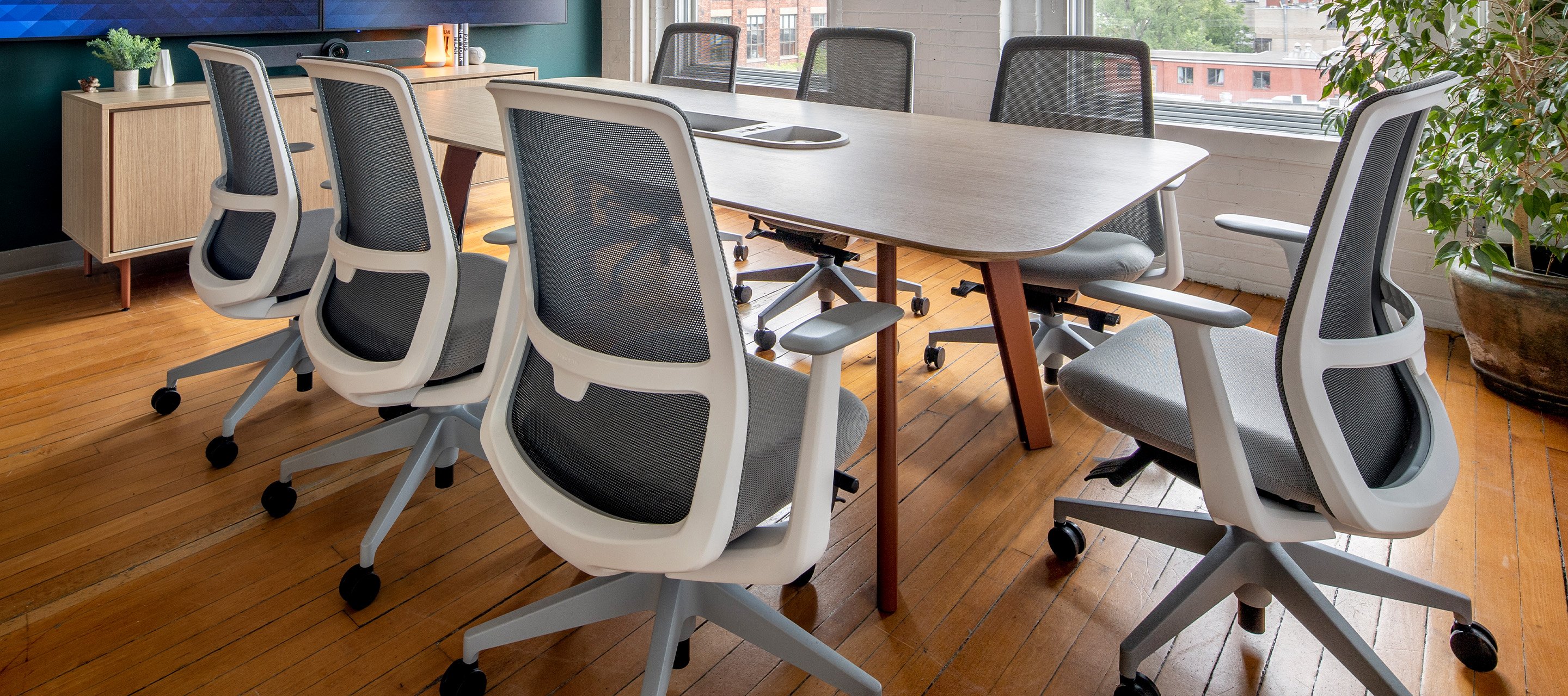 Haworth Soji chairs in grey in a conference room