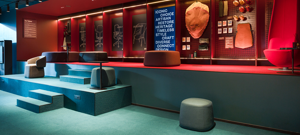 The Event Space and Display is a dynamic zone for gatherings, presentations, and immersive storytelling. It showcases Haworth’s design excellence and commitment to sustainability. Playful Chick poufs, Wanders’ Tulip armchair by Cappellini, and the Pip low table add flexibility and character. Displays highlight Haworth’s material journey through Cardigan Knit and Spools, Fern Knit, Zody Knit, Drift Felt, Zody Second Life, and Oceanic fabrics; each reflecting circularity and environmentally conscious design. This space connects people while spotlighting sustainable choices shaping the future of work.