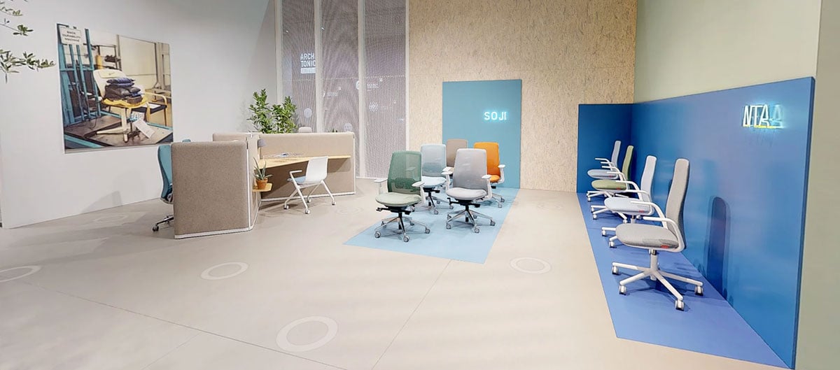 体验区域：用于尝试我们推出的最新座椅产品的空间。Nia、Soji和Fern。