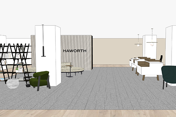 A graphic representation of Haworth products in a office space