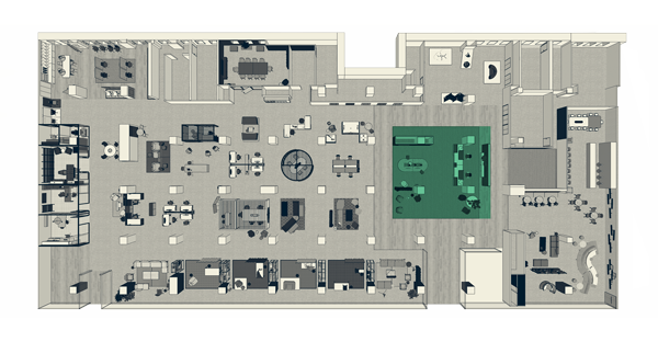 Haworth floorplan at an office plan for a lobby space