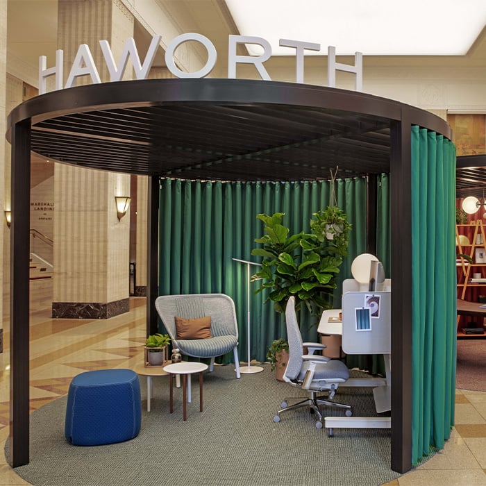 Haworth Chicago showroom showcasing Pergola, Cardigan lounge, Openest chick pouf