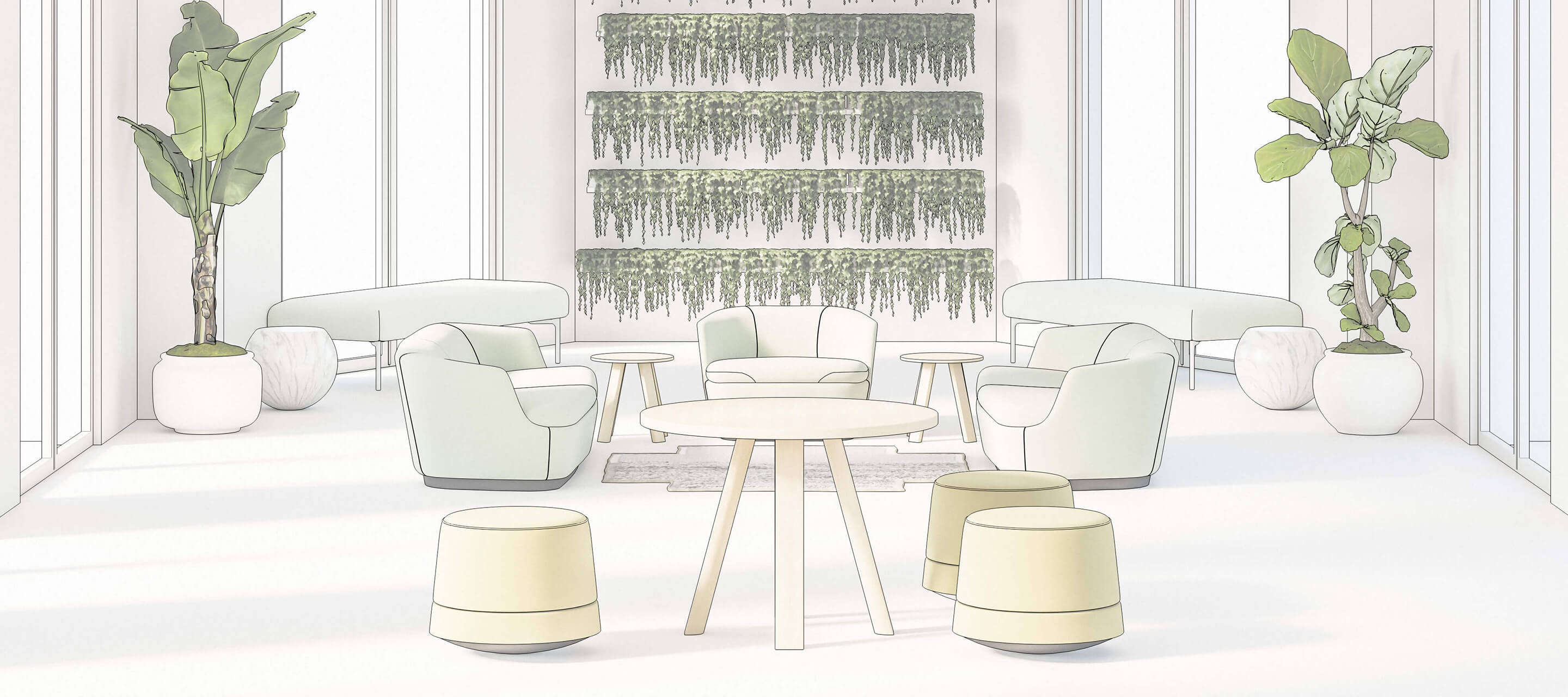 Haworth Lounge mock up with multiple tables and chairs and fern wall with fern plants in open office space