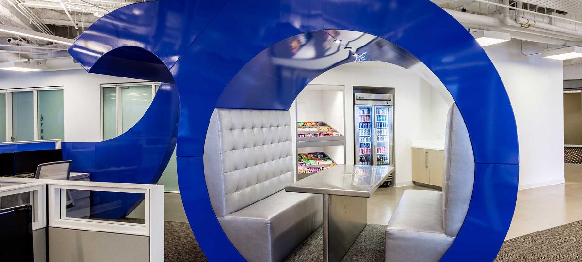 Embedded with the individual workspaces are these unique “pods” for meetings and gathering. Snacks are always readily available also to fuel the brainstorming sessions.