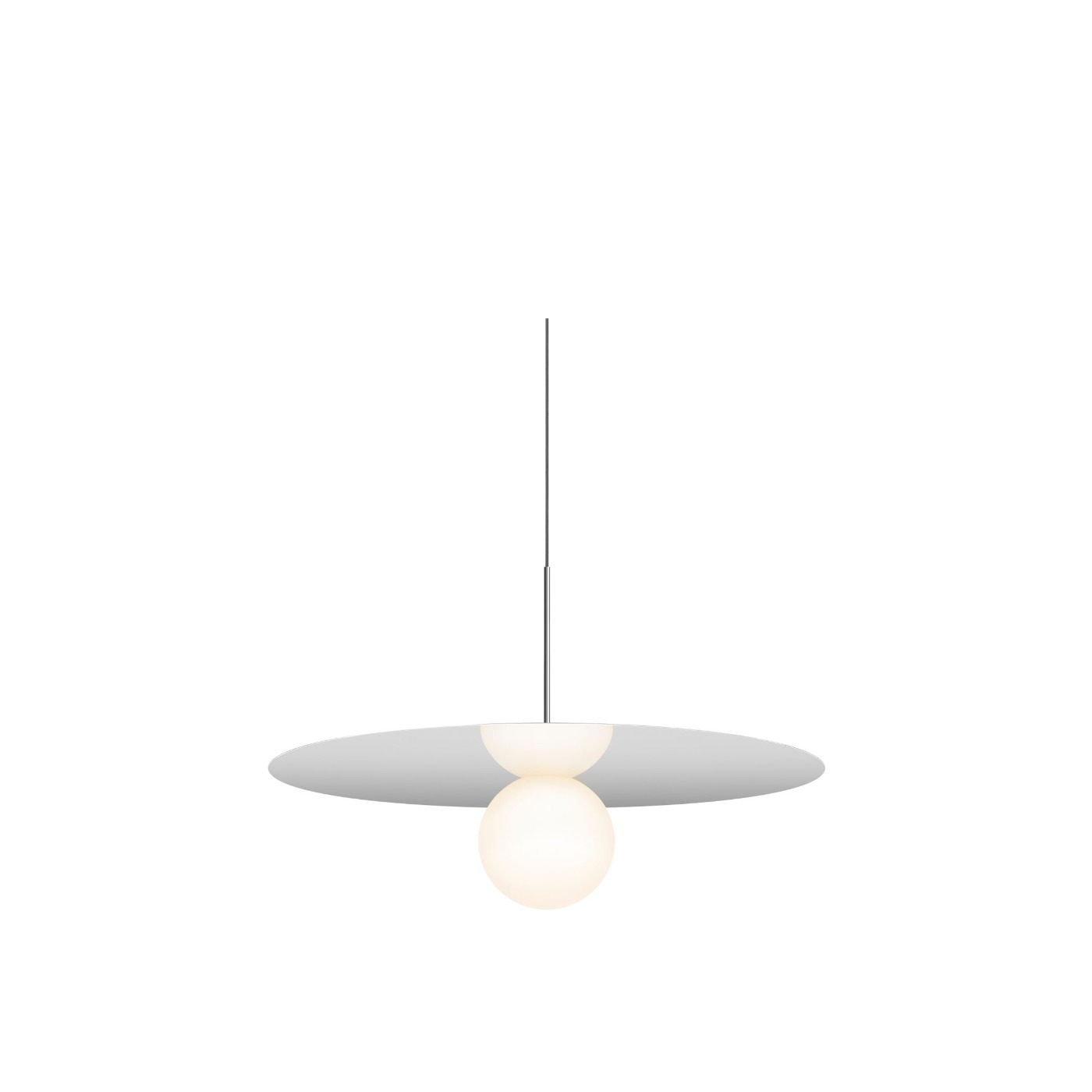 Haworth Bola DIsc Lighting with metal disc above light bulb with wire coming down
