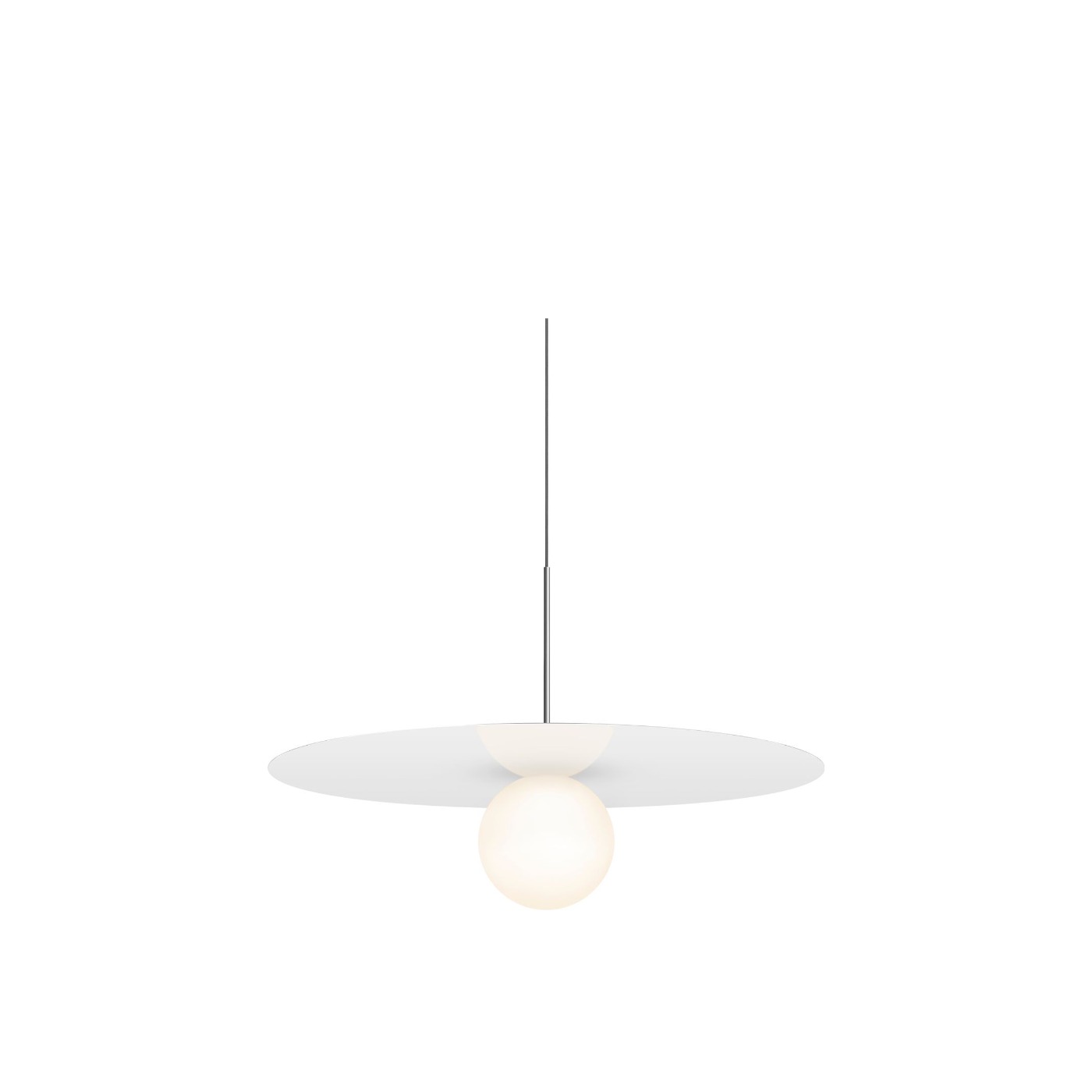 Haworth Bola DIsc Lighting with metal disc above light bulb with wire coming down