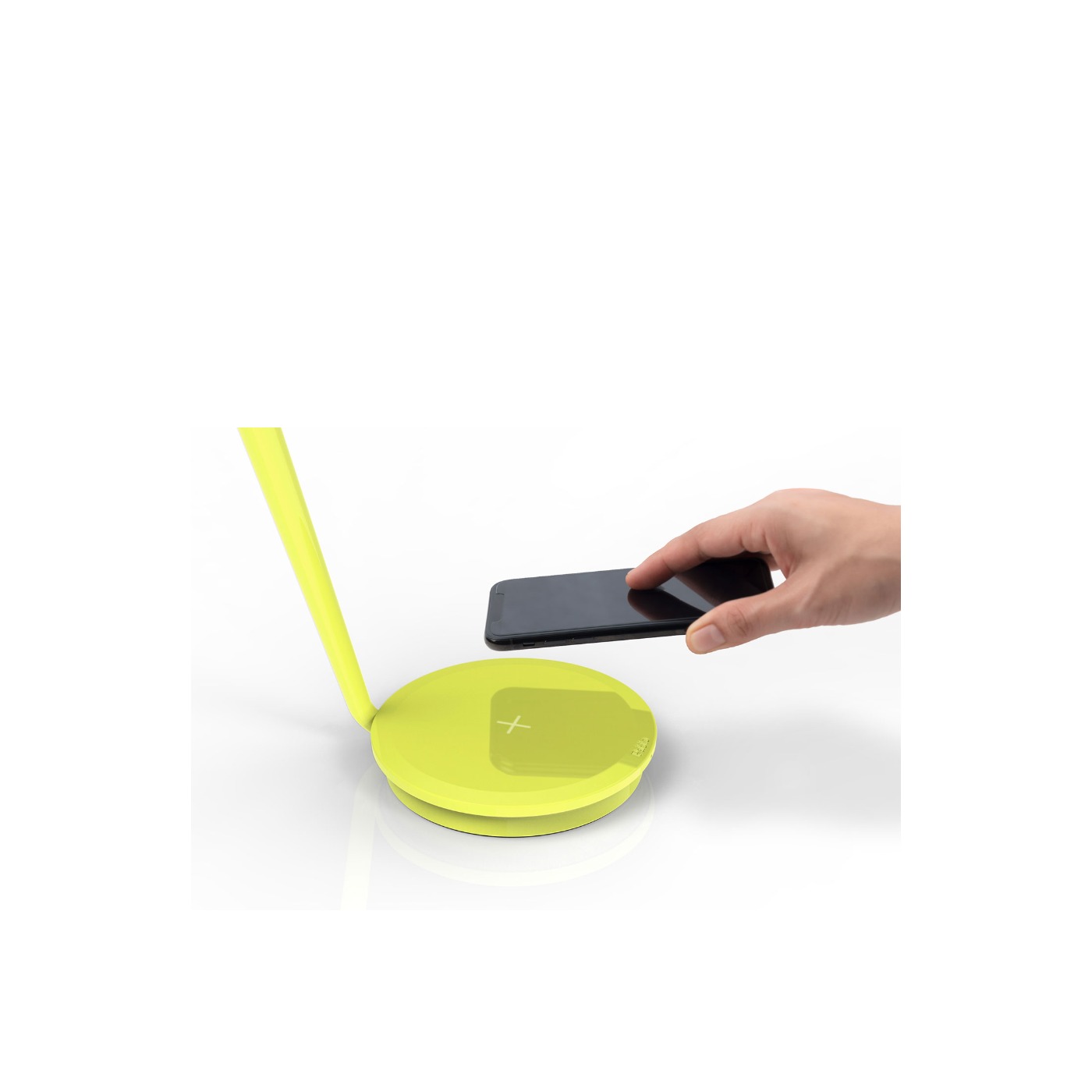 Haworth Pixo Plus Lighting in lime green color with phone being placed on charger pad