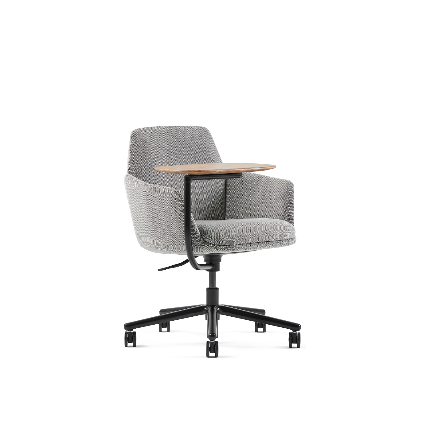Haworth Poppy guest chair in grey upholstery with swivel base and tablet arm surface