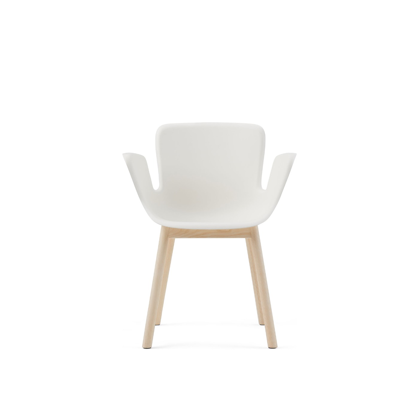 Haworth Juli Plastic chair in white color with wooden base and legs front view