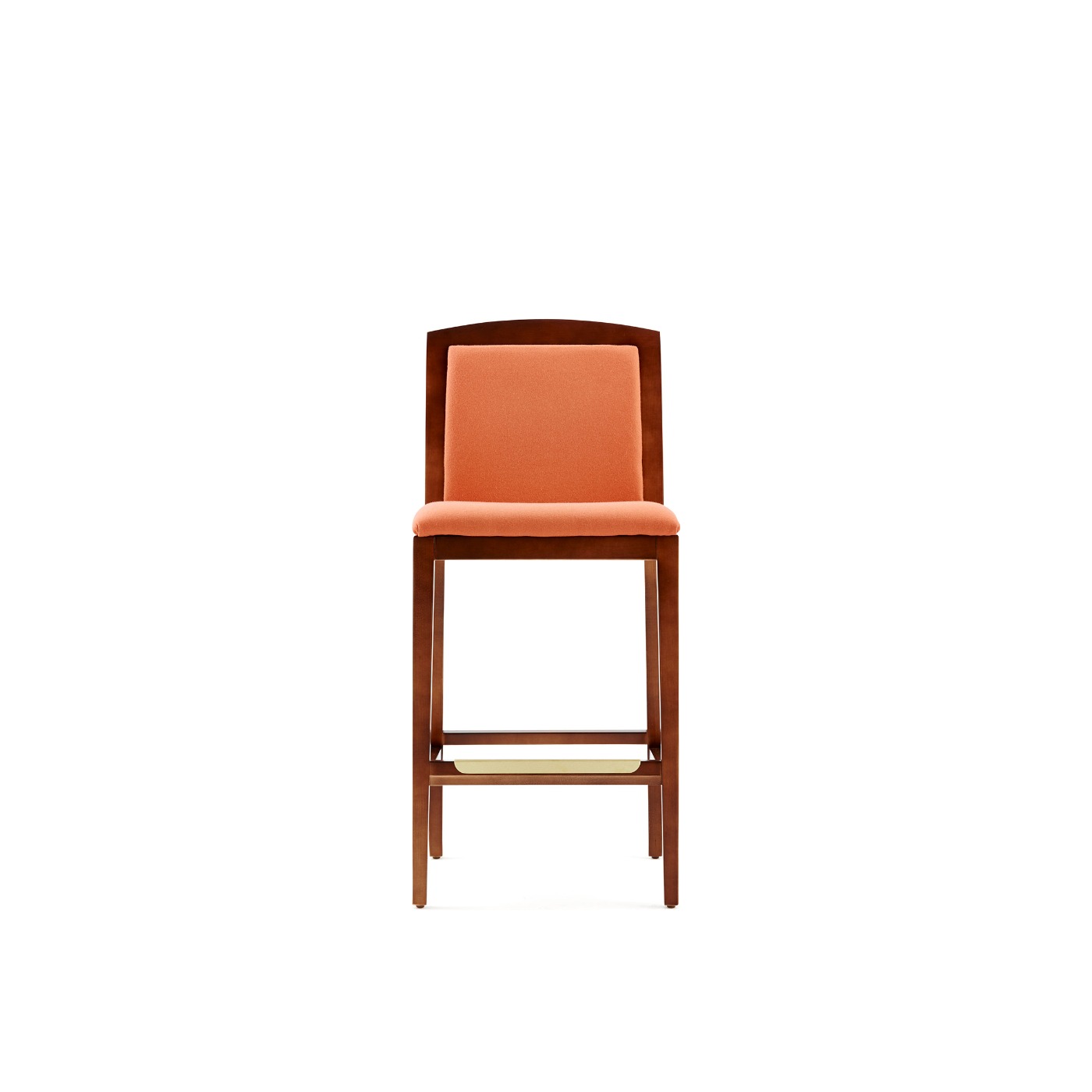 Haworth Composites stool in orange fabric and dark wooden body and legs