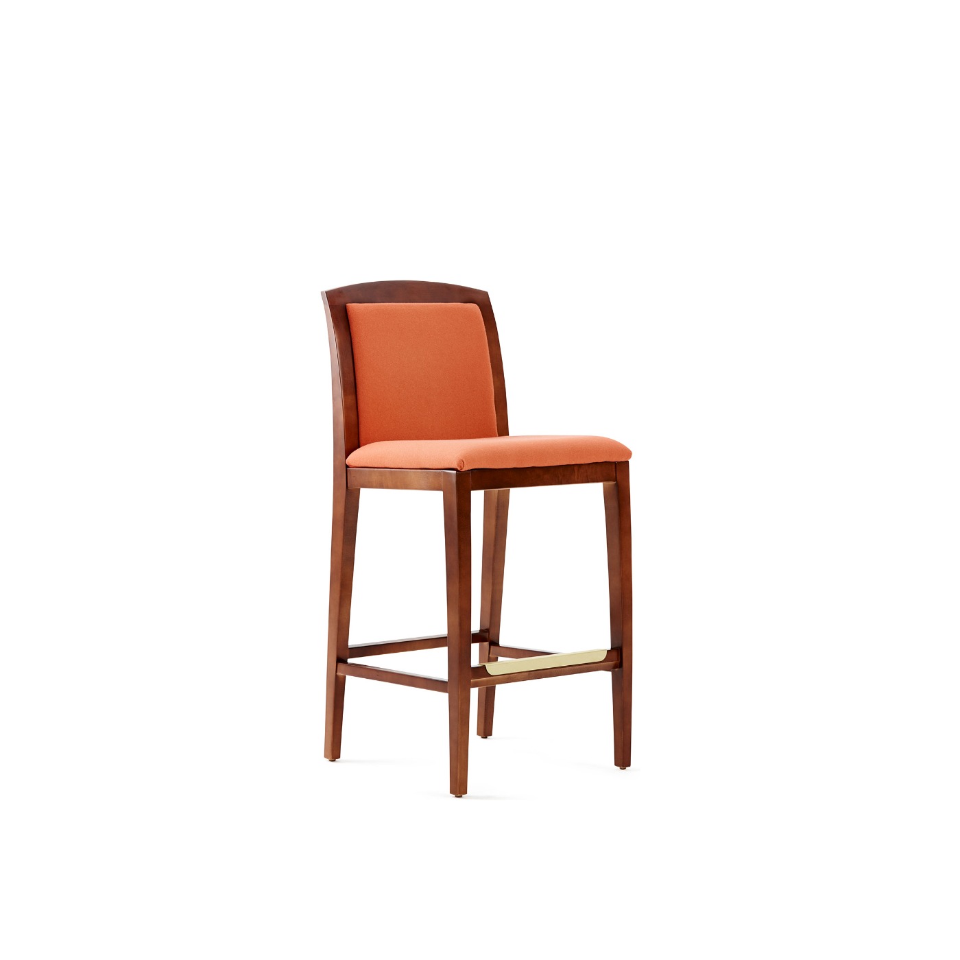 Haworth Composites stool in orange fabric, dark wood body and legs seen from an angle